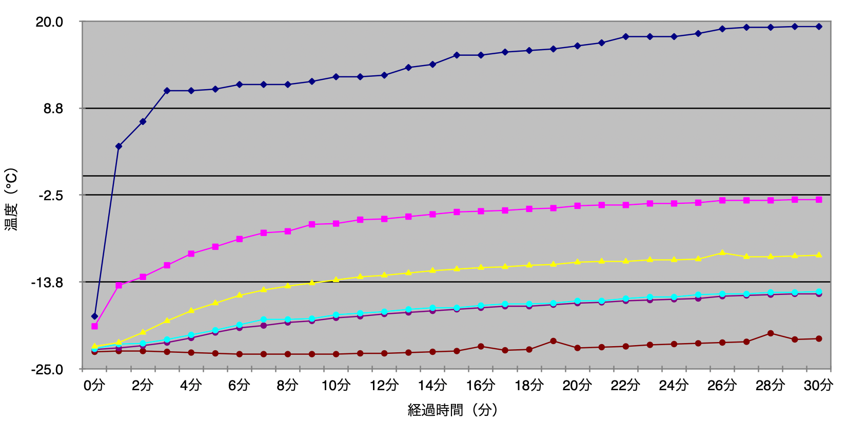 外気温25℃時の時間経過による冷凍品の温度変化グラフ