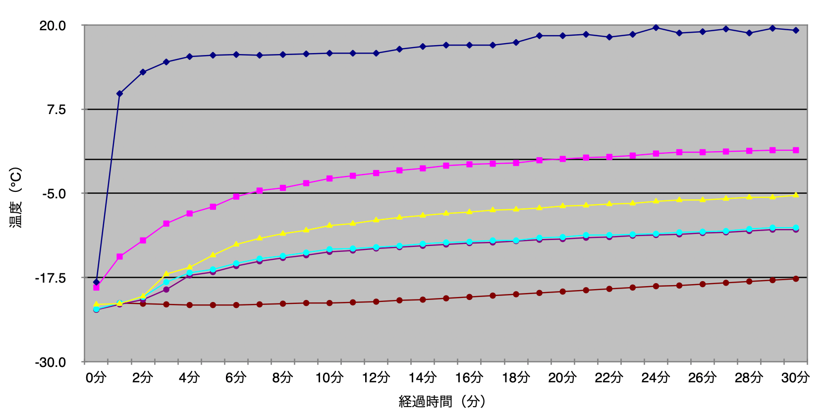 外気温30℃時の時間経過による冷凍品の温度変化グラフ